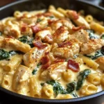 Creamy Chicken Pasta with Spinach, Bacon, and Cheese