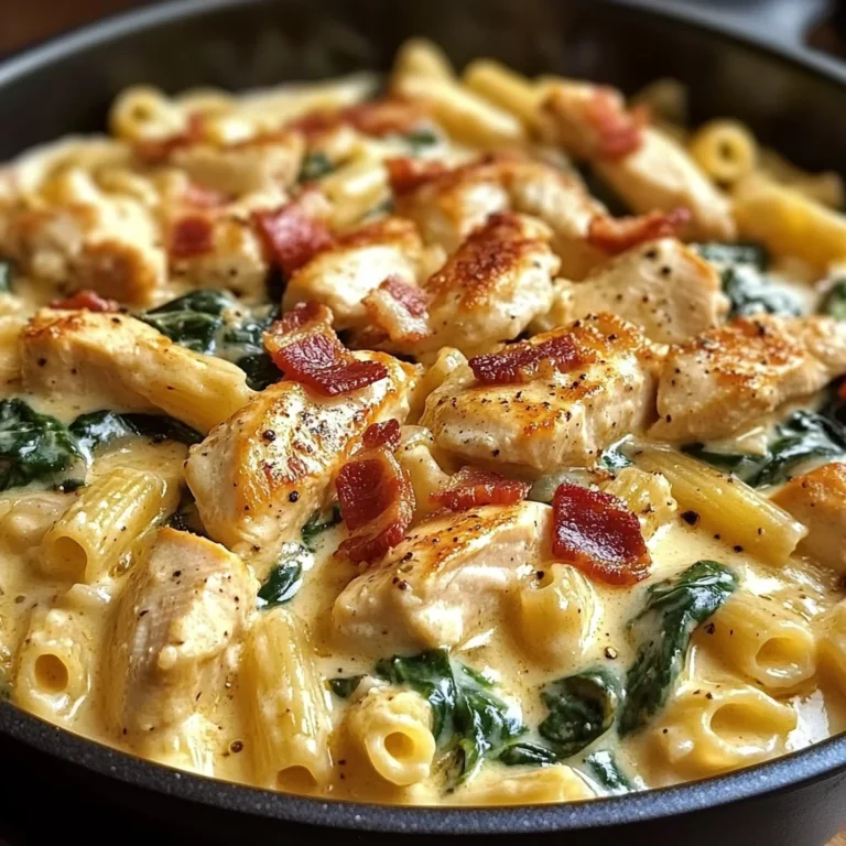 Creamy Chicken Pasta with Spinach, Bacon, and Cheese