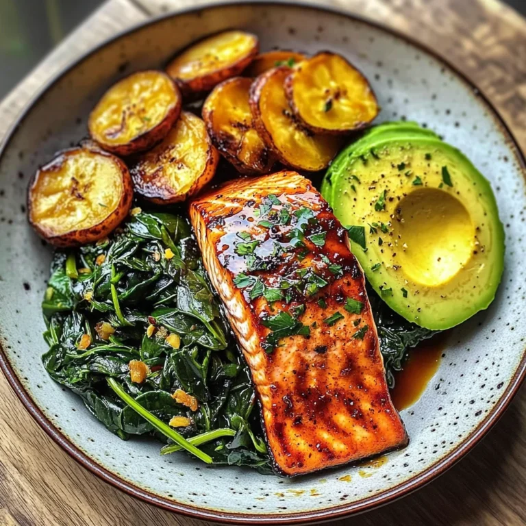 Glazed Salmon with Plantains, Spinach & Avocado Bliss Bowl