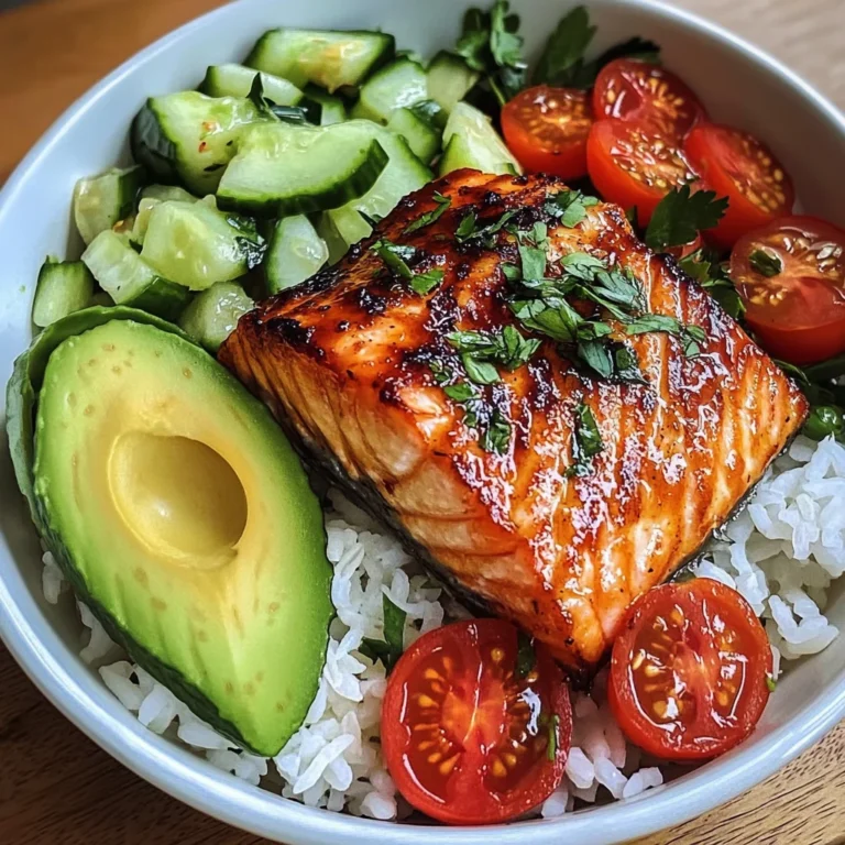 Honey-Glazed Salmon Bowl with Rice, Avocado, Cucumber & Tomato Herb Salad