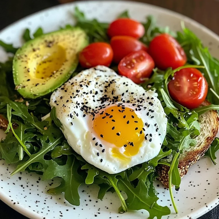 Poached Egg & Arugula Salad with Avocado, Tomato & Cream Cheese Toast