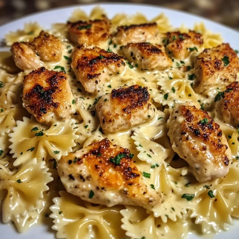 Creamy Alfredo Bowtie Pasta with Garlic Chicken Bites