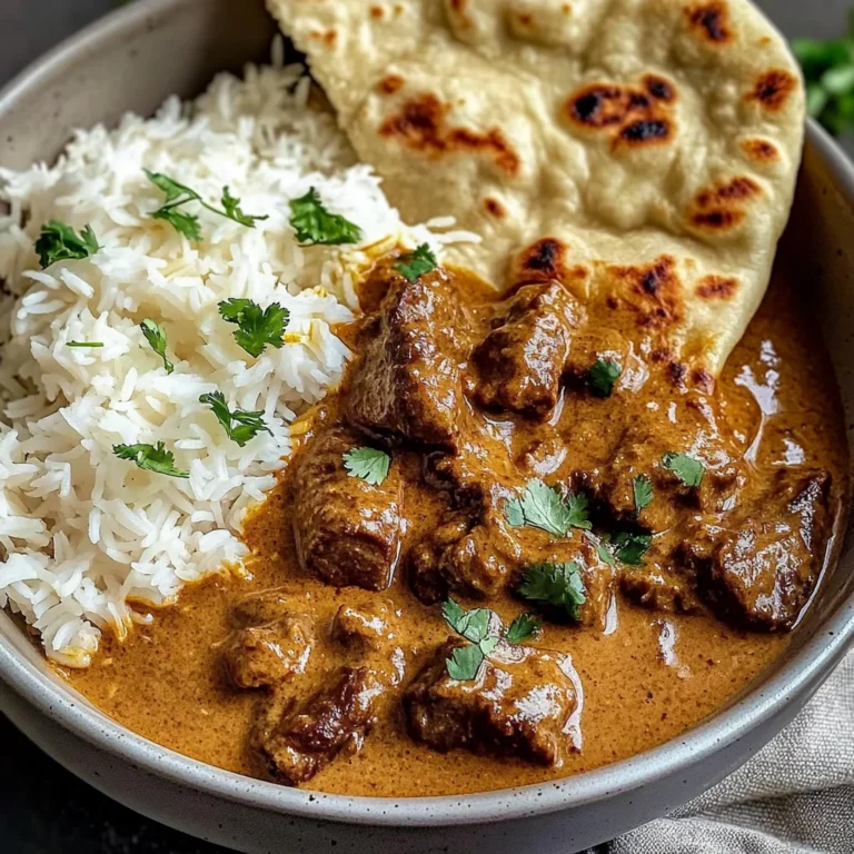 Creamy Coconut Curry Beef with Rice and Garlic Naan