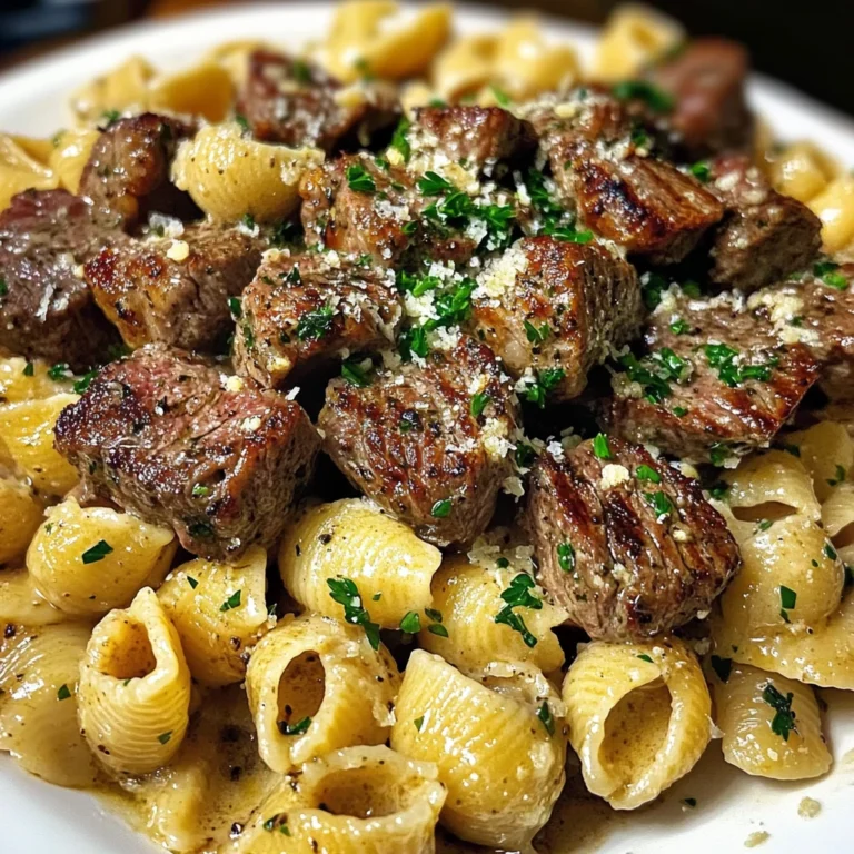 Creamy Garlic Parmesan Steak Bites with Shell Pasta