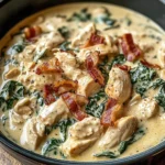 Creamy Slow Cooker Chicken Stroganoff with Spinach and Crispy Bacon