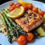 Seared Salmon with Asparagus, Cherry Tomatoes & Cauliflower Rice