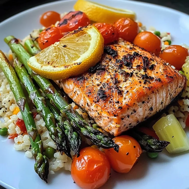 Seared Salmon with Asparagus, Cherry Tomatoes & Cauliflower Rice