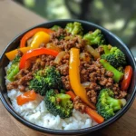 Spicy Ground Beef Stir-Fry Bowl with Garlic Veggies & Steamy Rice